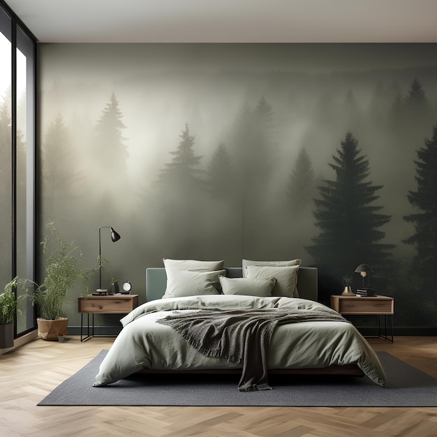 Quarto de dormir com um mural da floresta convida a sonhar