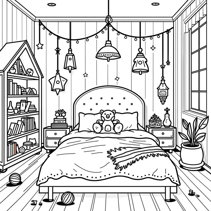 Foto quarto de dormir de crianças com decorações penduradas página de colorir