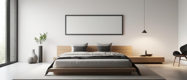 Quarto de dormir de minimalismo escandinavo com moldura de maquete