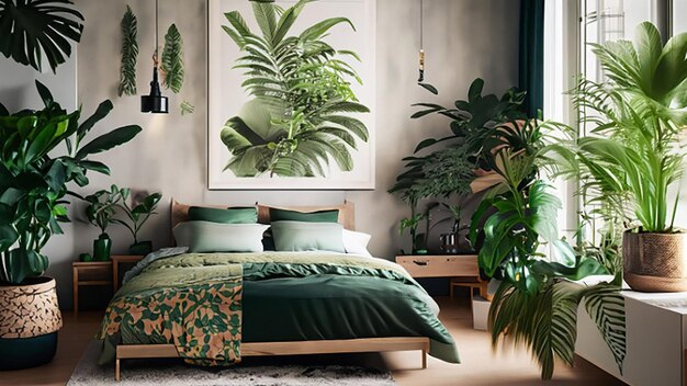 Foto quarto de dormir inspirado na selva urbana com plantas exuberantes e estampas botânicas