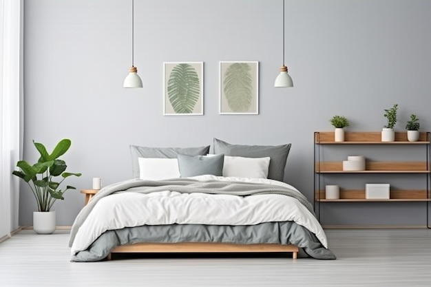 Quarto de dormir limpo e simples com prateleiras minimalistas montadas na parede