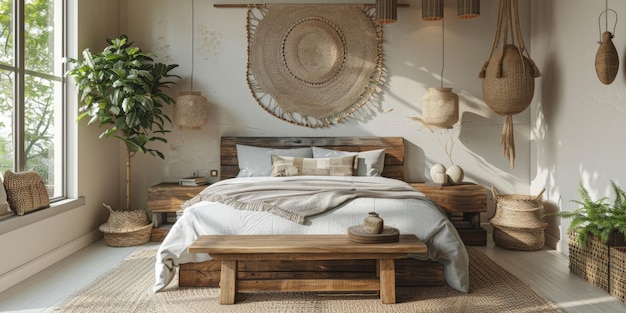 Quarto de dormir minimalista com uma grande cama cabeceira de madeira perto de construído em armário janelas de piso-teto