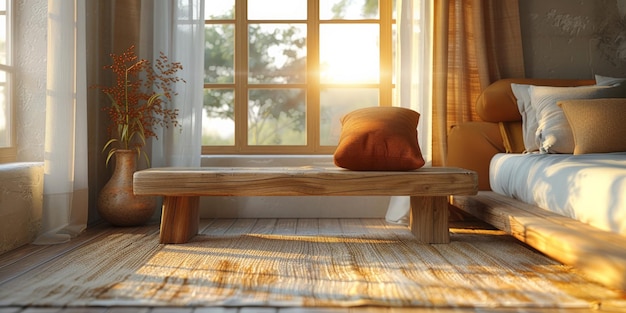 Quarto de dormir minimalista com uma grande cama cabeceira de madeira perto de construído em armário janelas de piso-teto