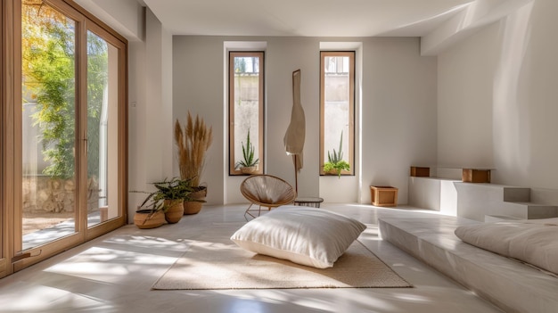 Quarto de dormir minimalista sereno em tom de pêssego Composição de interiores em uma casa de luxo