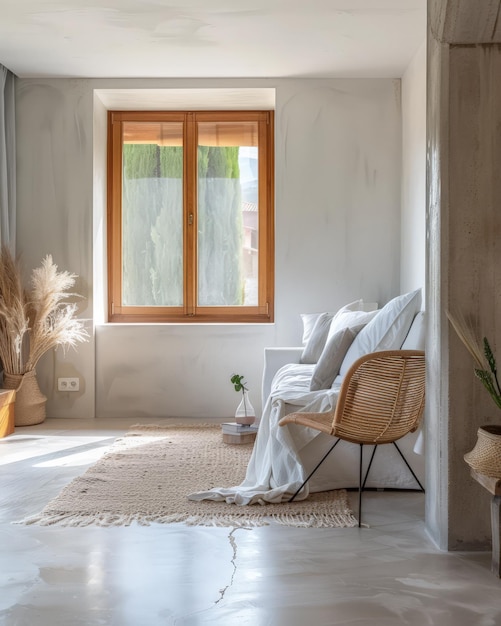 Quarto de dormir minimalista sereno em tom de pêssego Composição de interiores em uma casa de luxo