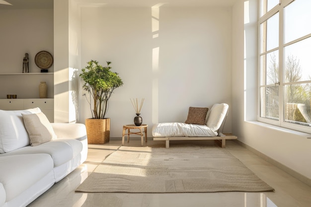 Quarto de dormir minimalista sereno em tom de pêssego Composição de interiores em uma casa de luxo