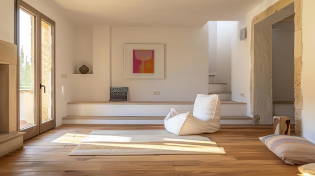 Quarto de dormir minimalista sereno em tom de pêssego Composição de interiores em uma casa de luxo