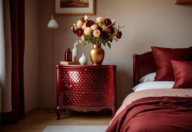 Quarto de dormir moderno com close-up do armário de beira-chuva Vaso de flores no armário debeira-chama perto da cama