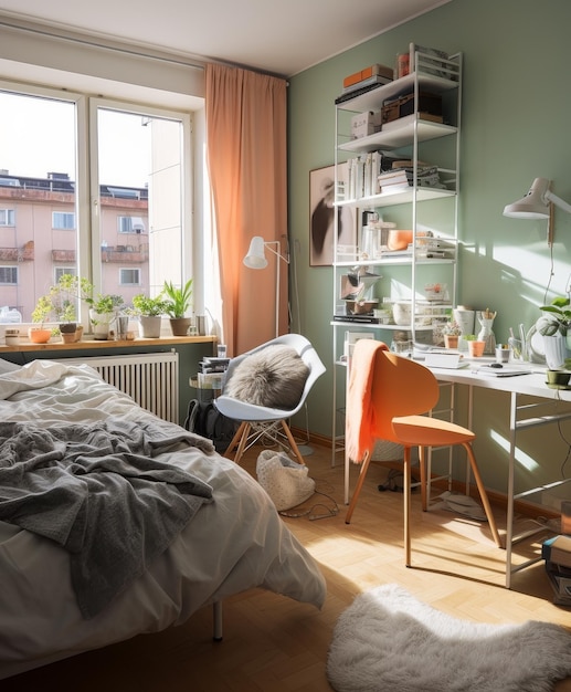 Quarto de dormir moderno com mesa de cama e janela