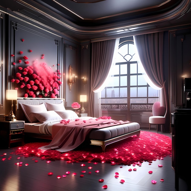 Foto quarto de dormir romântico adornado com balões e pétalas de rosas decoração do quarto do dia dos namorados com rosas