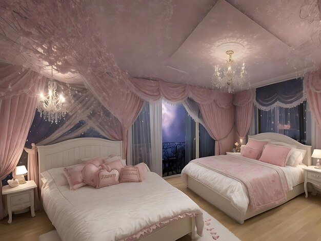 Quarto de dormir romântico adornado com balões e pétalas de rosas Decoração do quarto do Dia dos Namorados com rosas