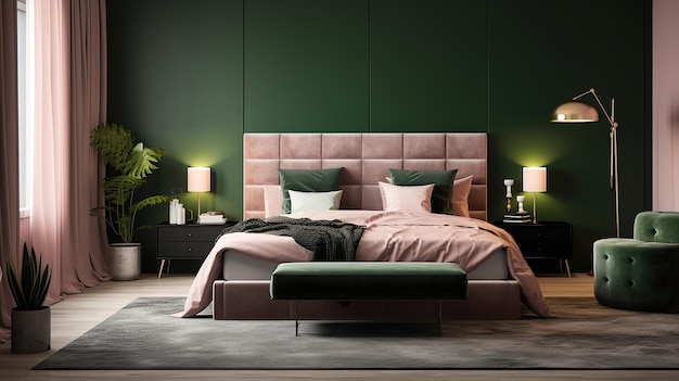 Quarto de dormir rosa e verde escuro Minimalismo Usado para design de lojas de interiores Sites e blogs