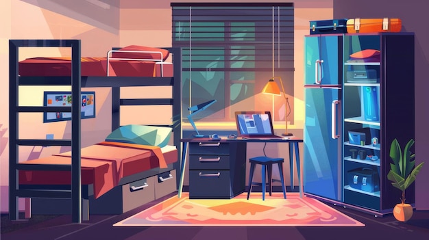 Foto quarto de dormitório de albergue com camas de dois andares computador no escritório guarda-roupa e geladeira interior moderno de desenho animado de dormitórios universitários alojamento de hóspedes apartamentos econômicos para turistas