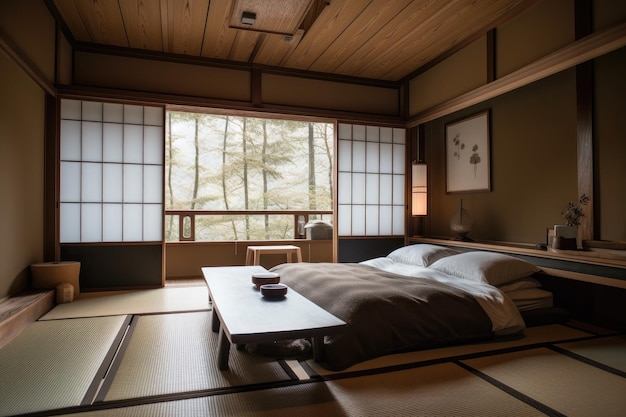 Quarto de estilo japonês com design minimalista e cama confortável criada com ai generativa