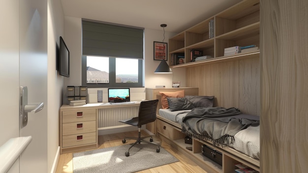 Quarto de estudante estiloso minimalista em tons de madeira natural e com vista para a cidade espaço pessoal da criança