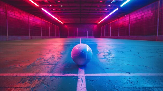 Quarto de futsal sob luzes interiores bola de futebol na marca de pontapé inicial