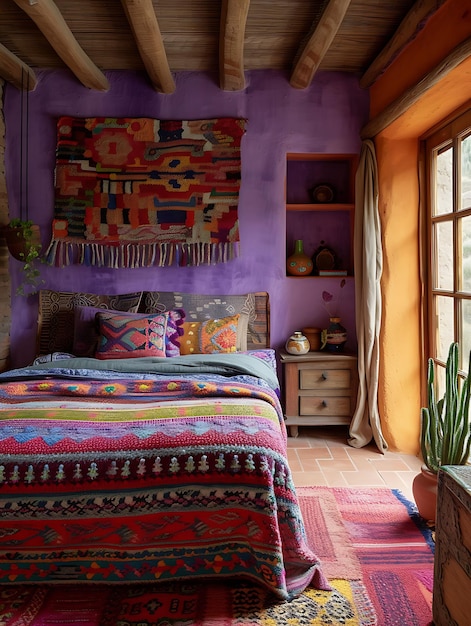 Foto quarto de hóspedes aconchegante inspirado nas terras altas da bolívia com colorido tecido bl layout interior decoração criativa