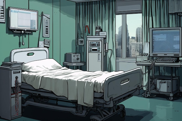 Quarto de hospital aconchegante com uma cama confortável e sistema de entretenimento para pacientes IA generativa