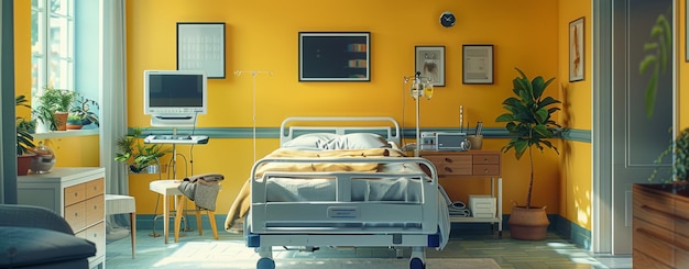 Quarto de hospital com uma cama e cadeiras
