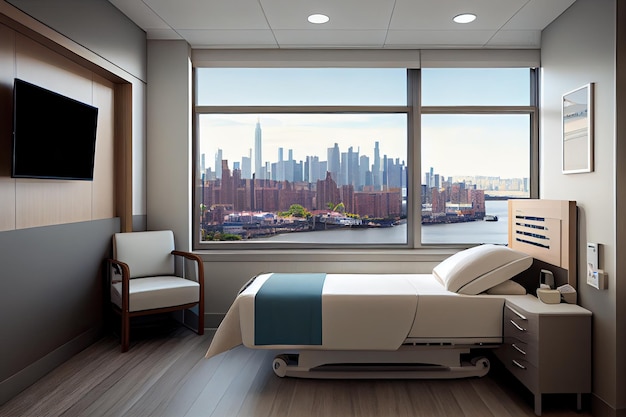Quarto de hospital moderno com cama e vista do horizonte da cidade mostrando o orgulho da cidade natal