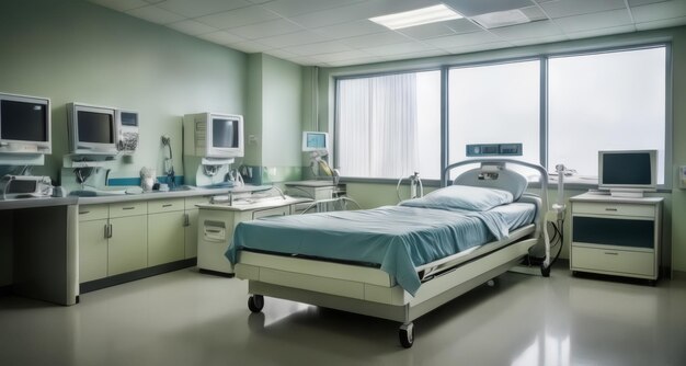 Quarto de hospital moderno com equipamento médico e grande janela