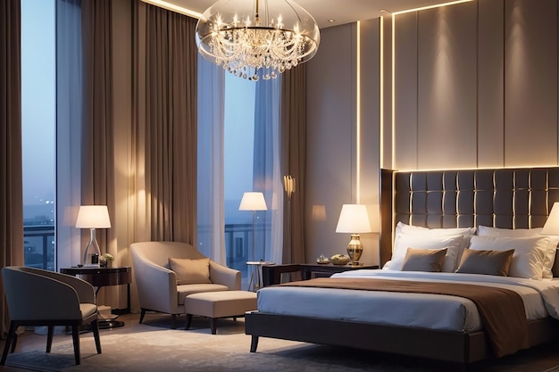 Quarto de hotel de luxo iluminado por lâmpadas modernas