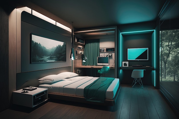 Quarto de hotel elegante e moderno com decoração minimalista de tecnologia inteligente e uma cama confortável Generative AI