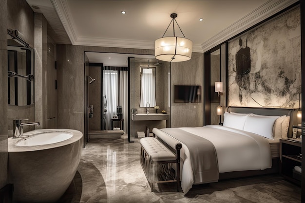 Quarto de hotel luxuoso com roupa de cama macia e banheiro de mármore criado com inteligência artificial generativa
