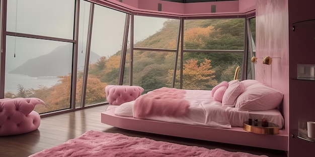 Quarto de luxo AI Generated AI Generative Pink com janela para a floresta ao ar livre