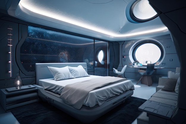 Quarto de luxo com vista para o céu noturno estrelado a bordo de uma nave espacial futurista