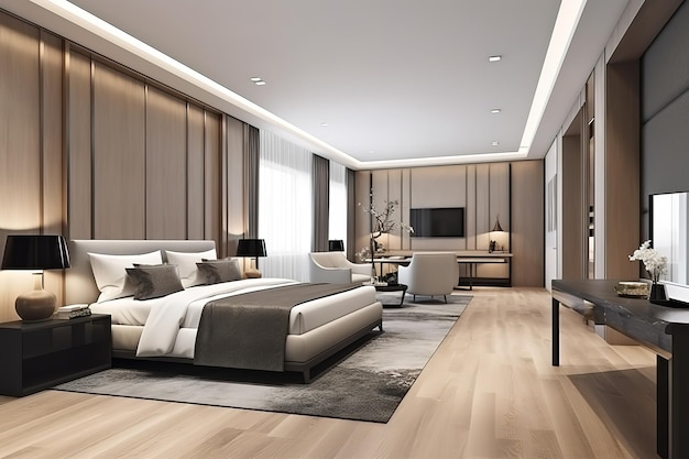Quarto de luxo em cores claras com detalhes de móveis dourados Grande e confortável cama dupla real em elegante interior clássico Generative AI