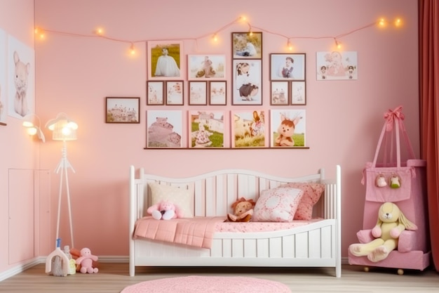 Quarto de menina com paredes rosa e fotos na parede acima da cama Generative AI