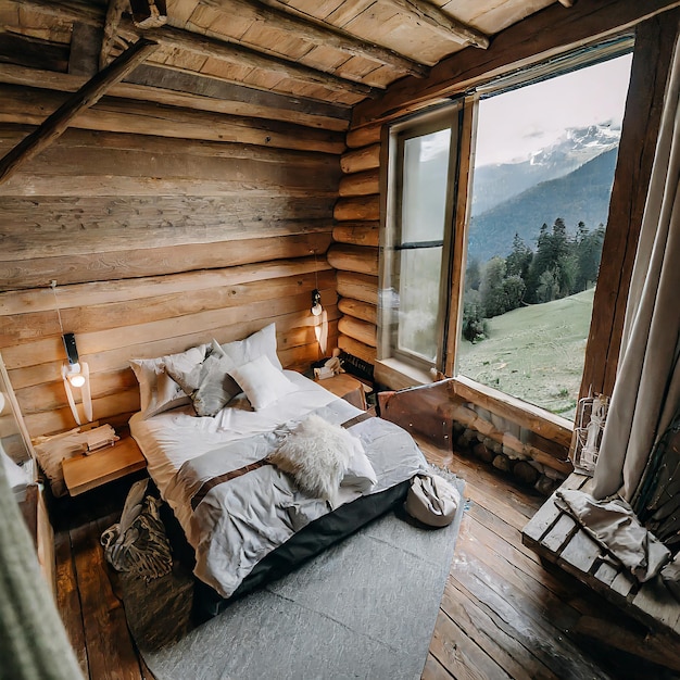 Quarto de quarto no sótão nas montanhas com ambiente de inverno com cobertura de colchão ou cobertor