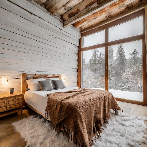 Quarto de quarto no sótão nas montanhas com ambiente de inverno com cobertura de colchão ou cobertor