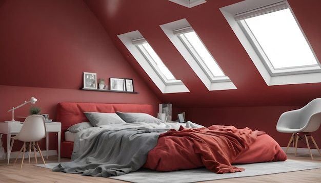 Quarto de sótão cinza com cama grande vermelha e escritório em casa Modelo de telhados elegantes