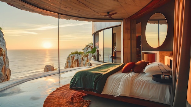 Foto quarto de varanda orgânica costeira com vista para o oceano