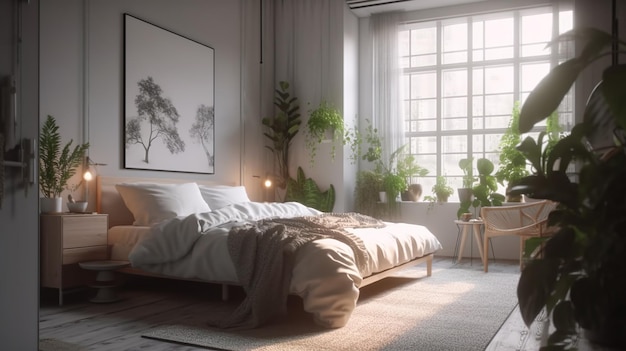 Quarto design de interiores moderno quarto aconchegante com cama, móveis de madeira, janela, poltrona de vime, plantas verdes e decoração espaço doméstico contemporâneo com fundo de ilustração de móveis ia generativa