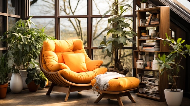 Quarto doméstico moderno com planta de cadeira confortável