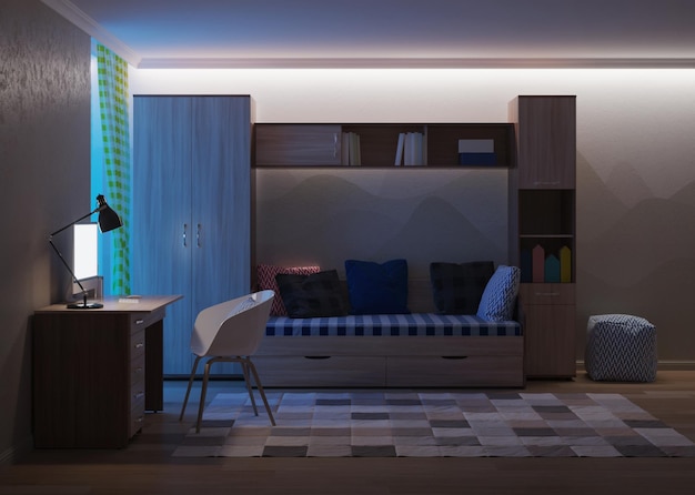 Quarto elegante e aconchegante projetado para um adolescente. Noite. Iluminação noturna. renderização 3D.