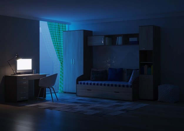 Quarto elegante e aconchegante projetado para um adolescente. Noite. Iluminação noturna. renderização 3D.