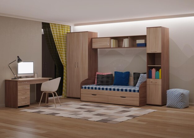 Quarto elegante e aconchegante projetado para um adolescente. Noite. Iluminação noturna. renderização 3D.