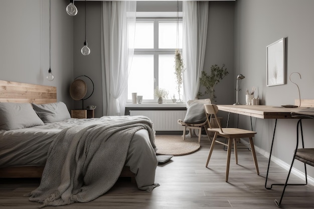 Quarto escandinavo com mobília e decoração minimalistas e modernas
