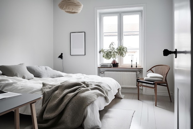 Quarto escandinavo com móveis elegantes de design minimalista e detalhes naturais