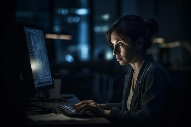 Quarto escuro, uma pessoa trabalha até tarde no computador Generative AI