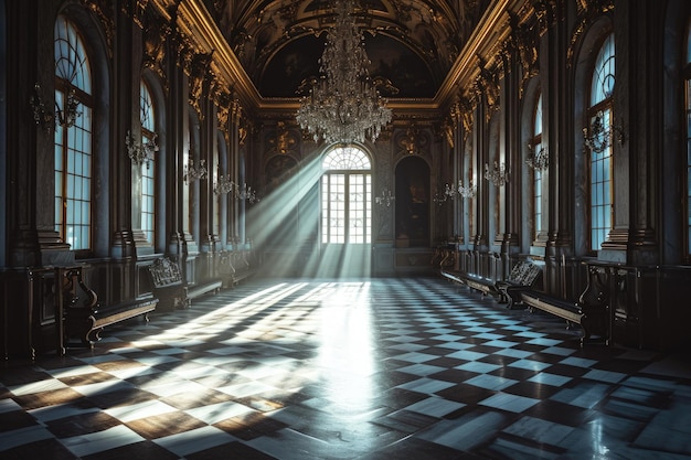 Foto quarto espaçoso com piso xadrez e lustre