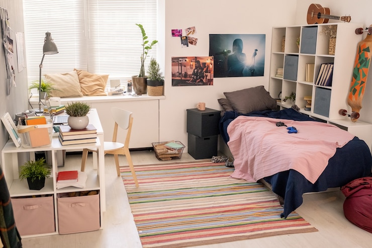 Foto quarto espaçoso de estudante adolescente com mesa de cabeceira com abajur, laptop e outras coisas
