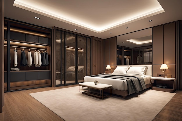 Foto quarto espaçoso e luxuoso com cama king-size e closet generative ai