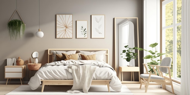 Quarto estilo escandinavo com móveis de madeira natural