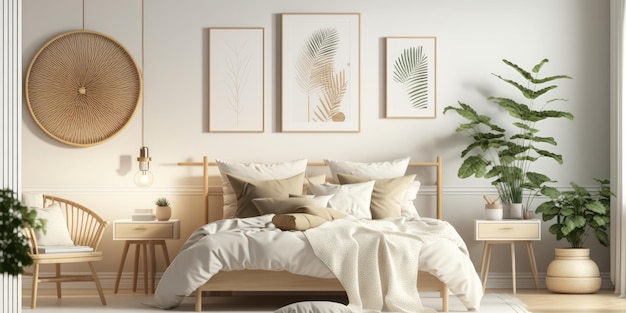 Quarto estilo escandinavo com móveis de madeira natural