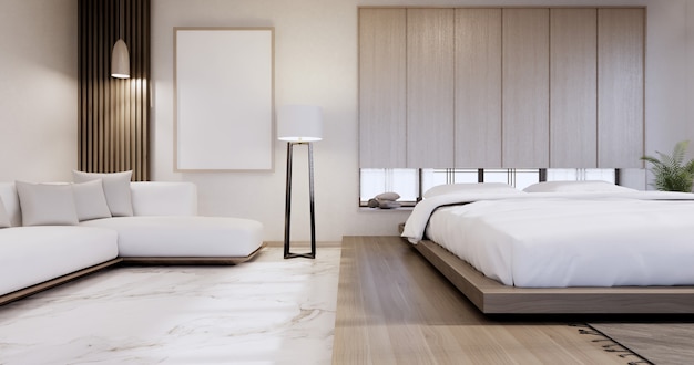 Quarto estilo minimalista japonês., Parede branca moderna e piso de madeira, quarto minimalista. Renderização 3D